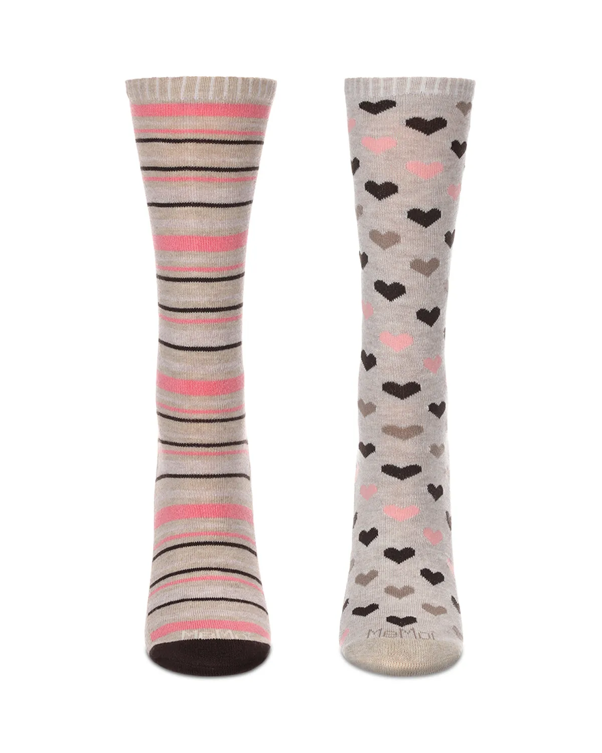 2 Pair Diabetic Heart/Stripe Half Cushion Crew Socks