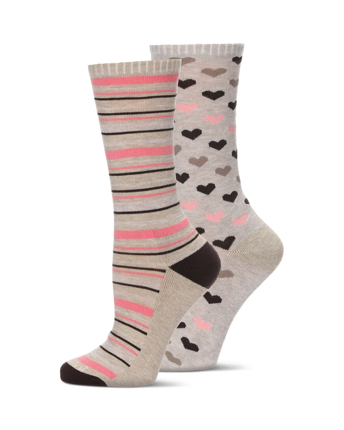 2 Pair Diabetic Heart/Stripe Half Cushion Crew Socks