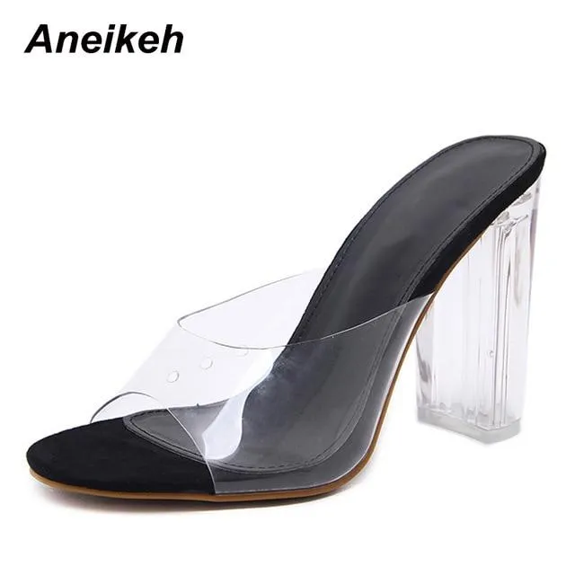 Aneikeh 2020 PVC Jelly Sandals Crystal Open Toed High Heels Women Transparent Heel Sandals Slippers Pumps 11CM Big Size 41 42