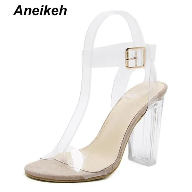 Aneikeh 2020 PVC Jelly Sandals Crystal Open Toed High Heels Women Transparent Heel Sandals Slippers Pumps 11CM Big Size 41 42