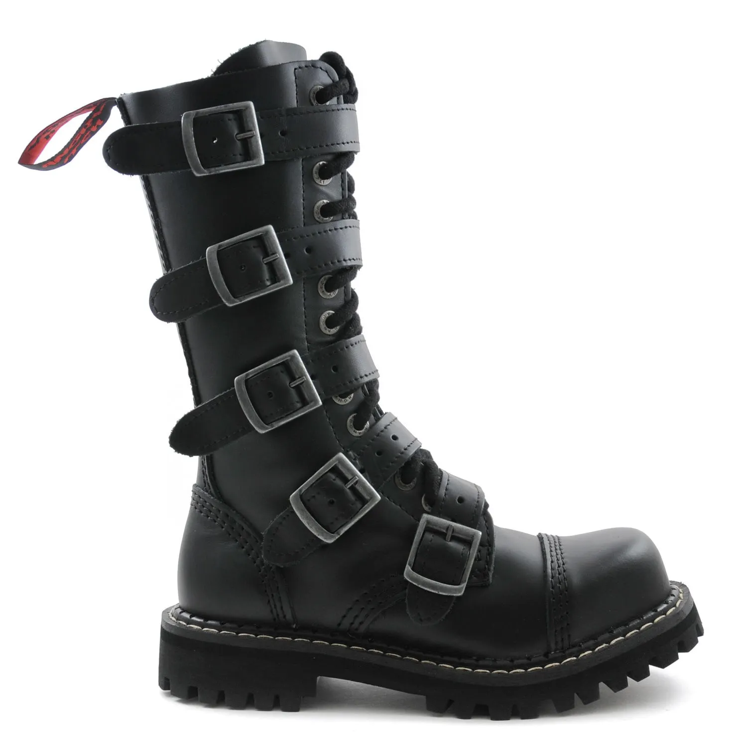 Angry Itch 5 Buckle 14 Hole Combat Ranger Boots with Steel Toe Cap Black Leather