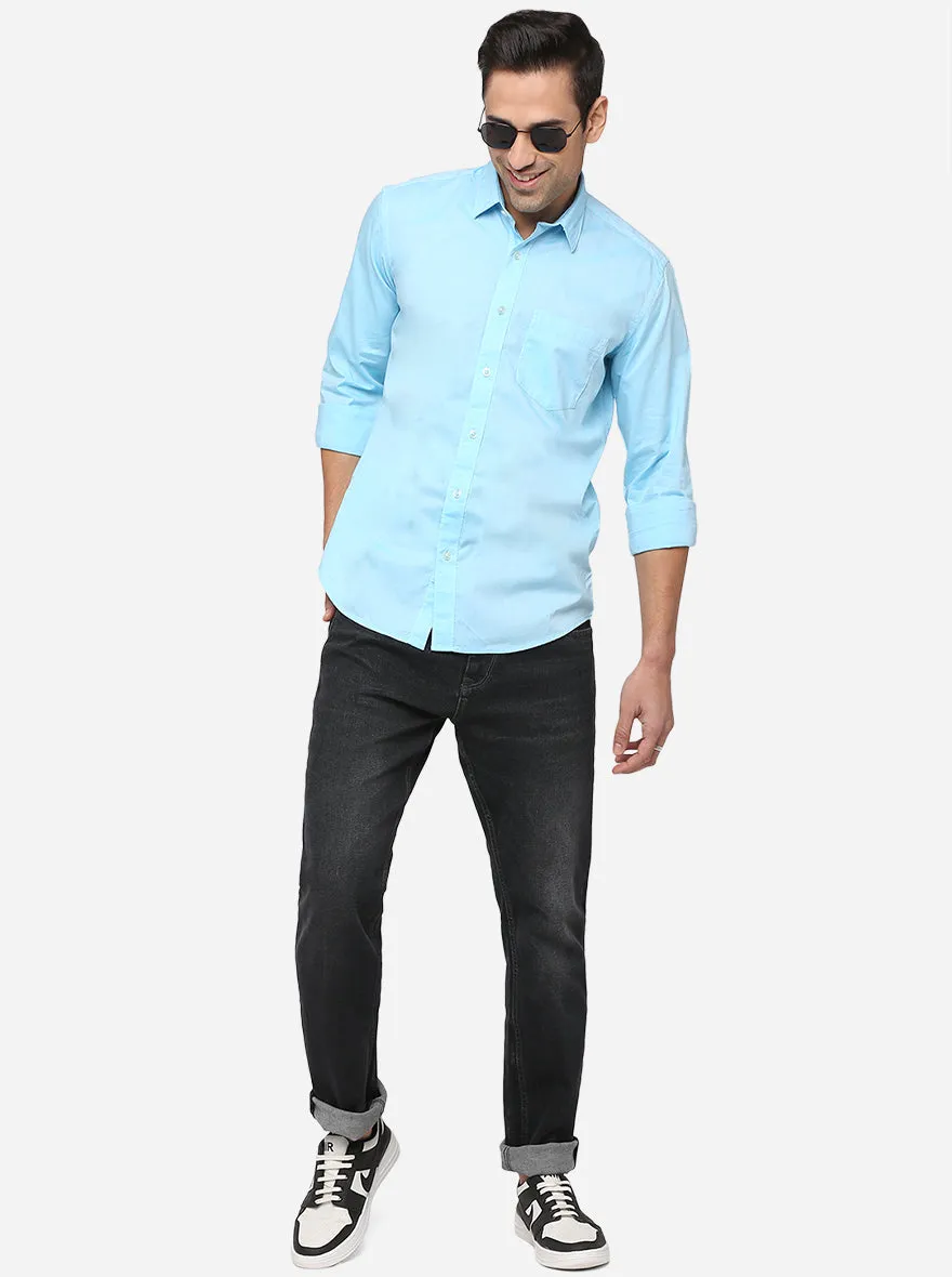 Aqua Blue Solid Slim Fit Casual Shirt | JadeBlue