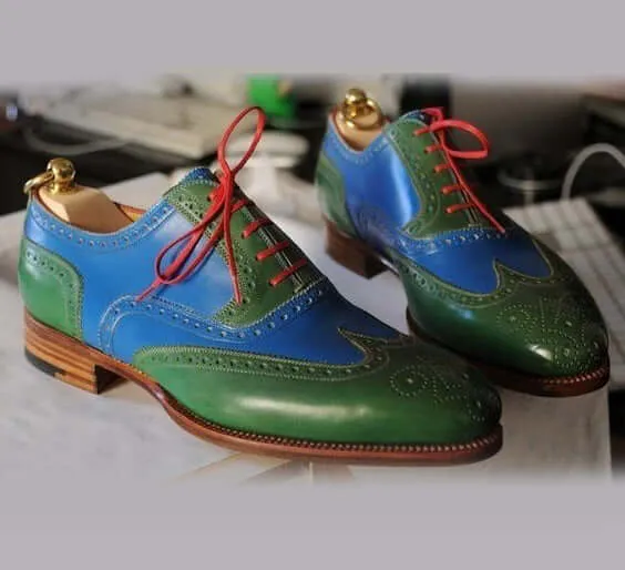 Bespoke Blue & Green Leather Wing Tip Lace Up Shoe for Men