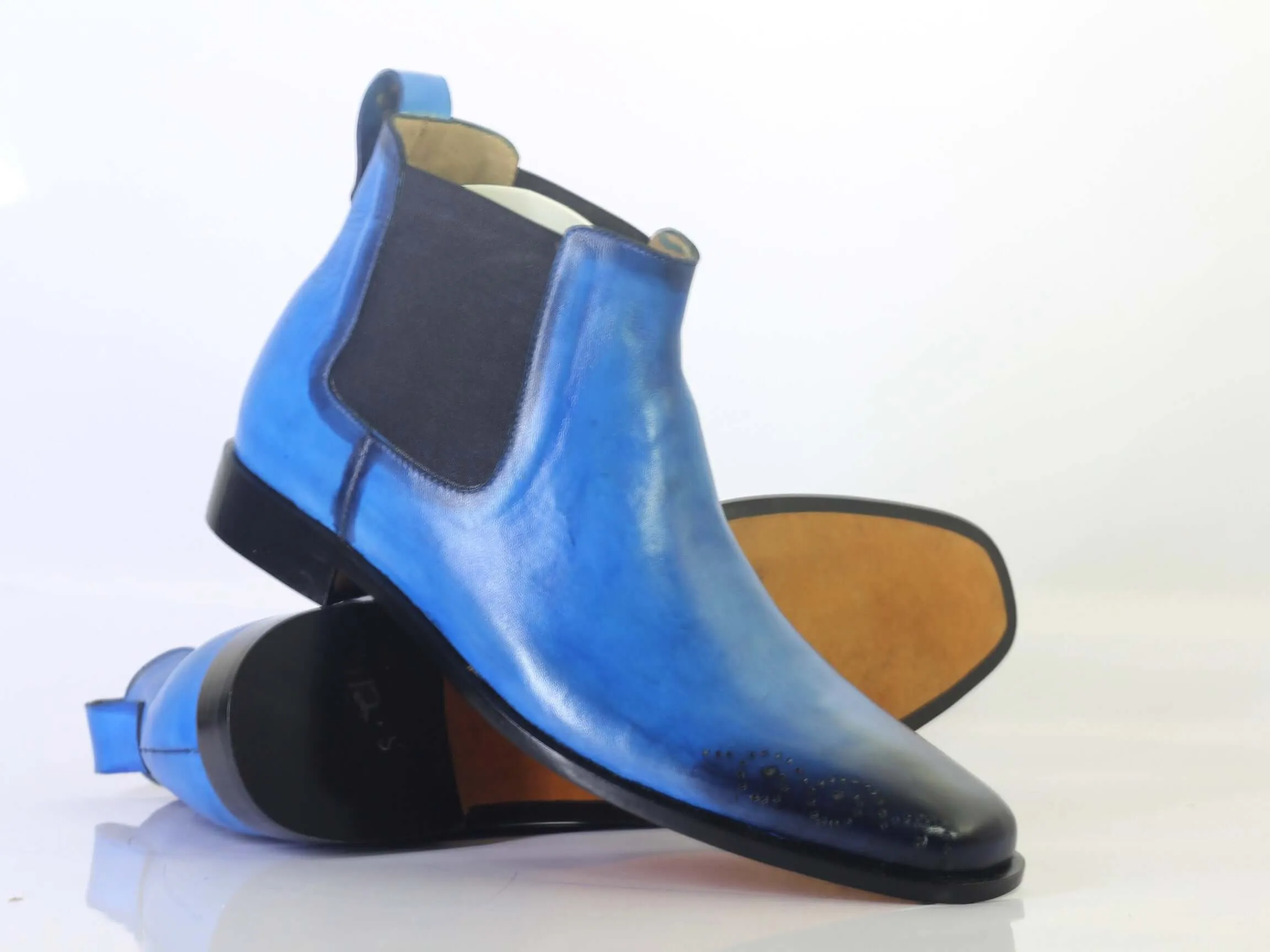 Bespoke Sky Blue&Black Chelsea Leather Boots