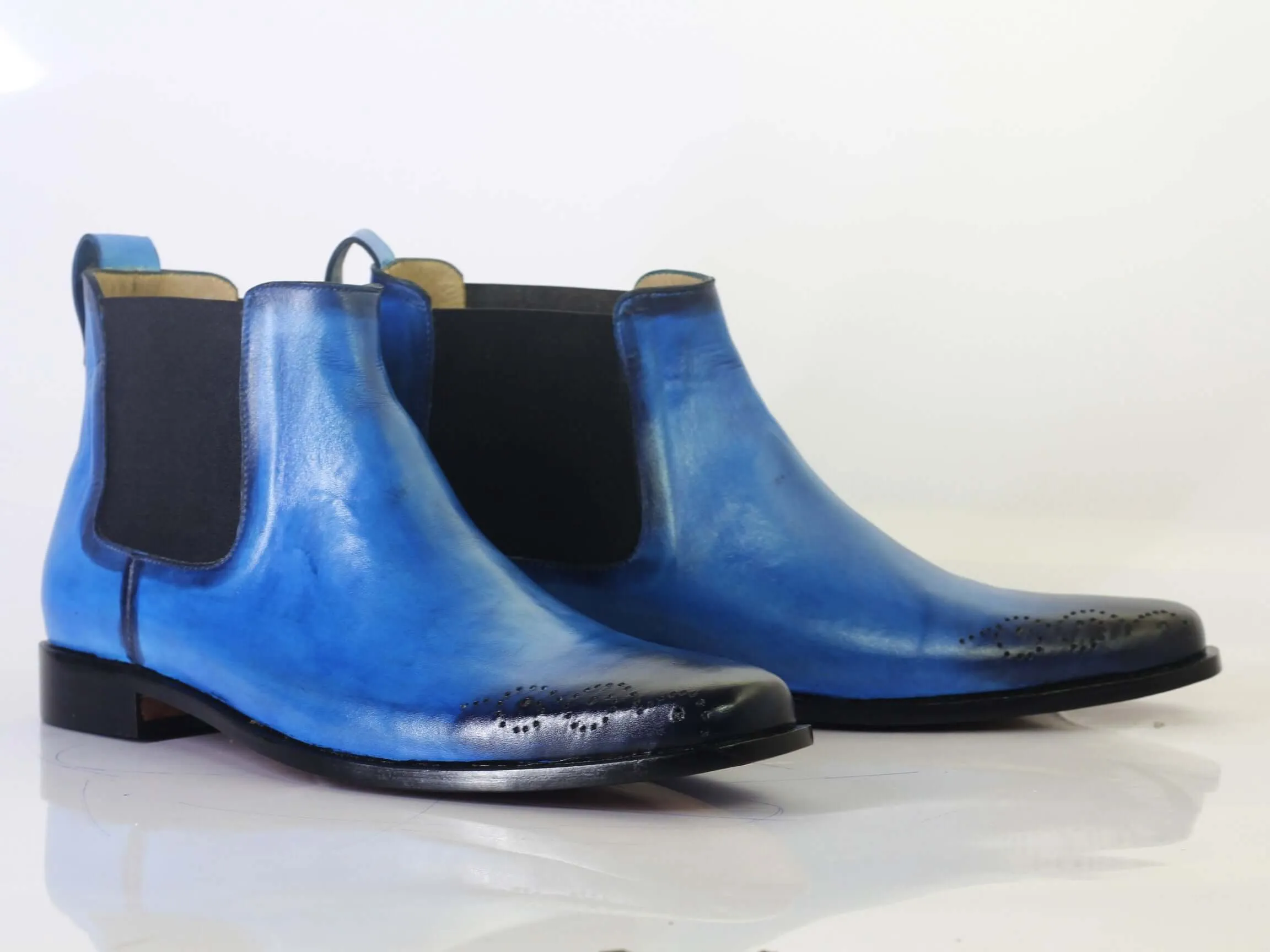 Bespoke Sky Blue&Black Chelsea Leather Boots