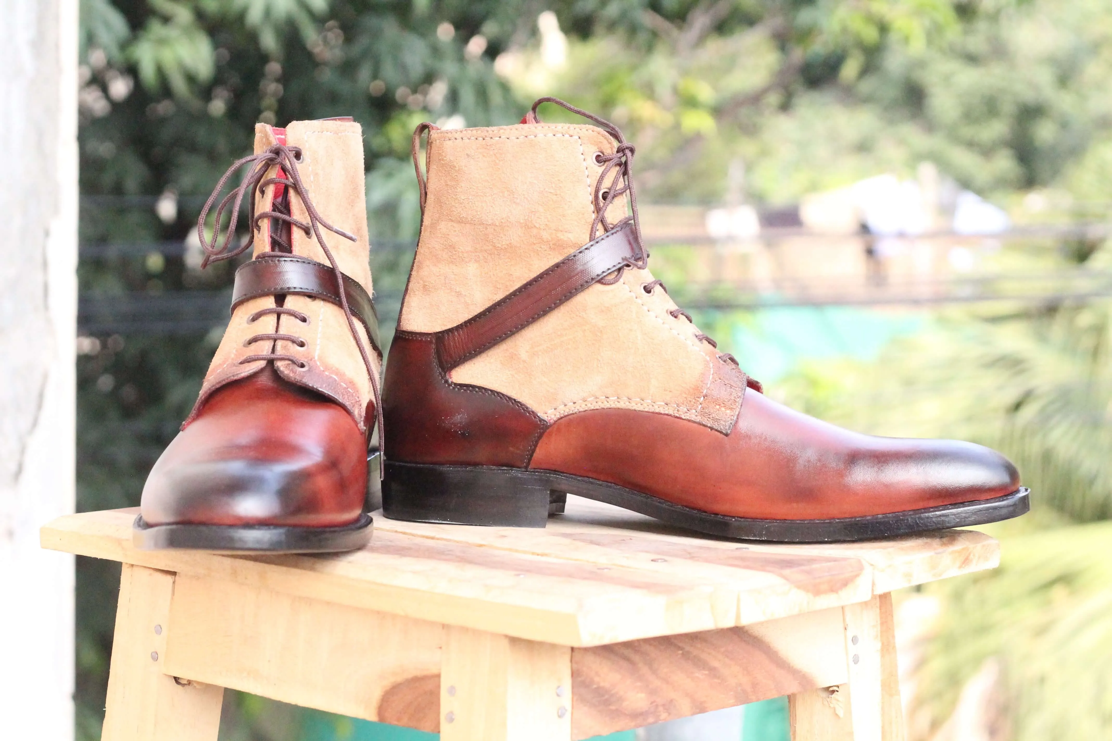 Bespoke Tan Brown Leather Suede Buckle Up Ankle High Boots