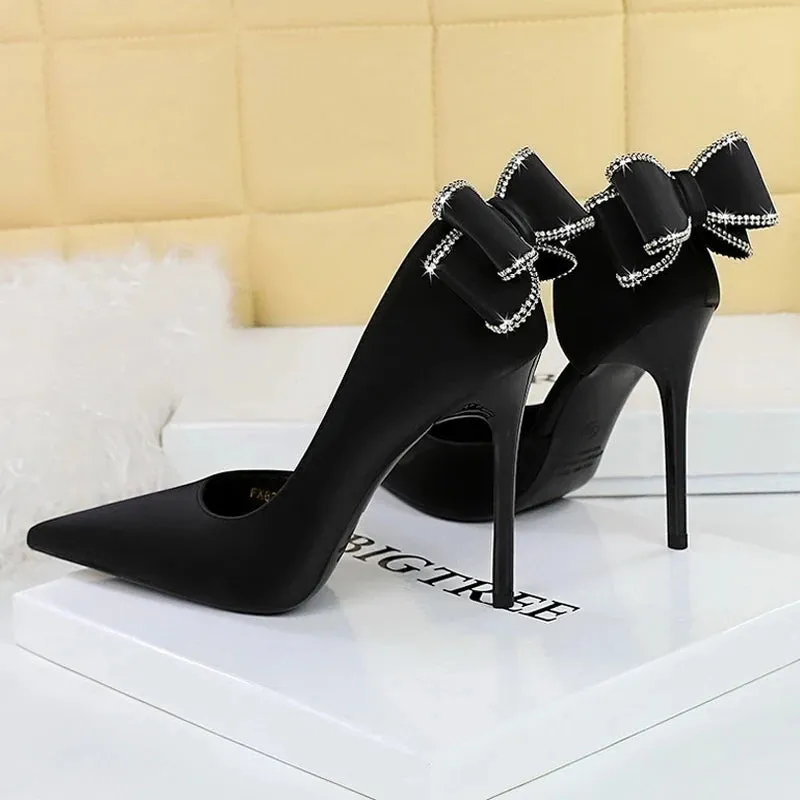 BIGTREE Shoes Rhinestone Back Bowknot Women Pumps Silks Satins High Heels Women Shoes Stilettos Sexy Party Shoes Wedding Shoes