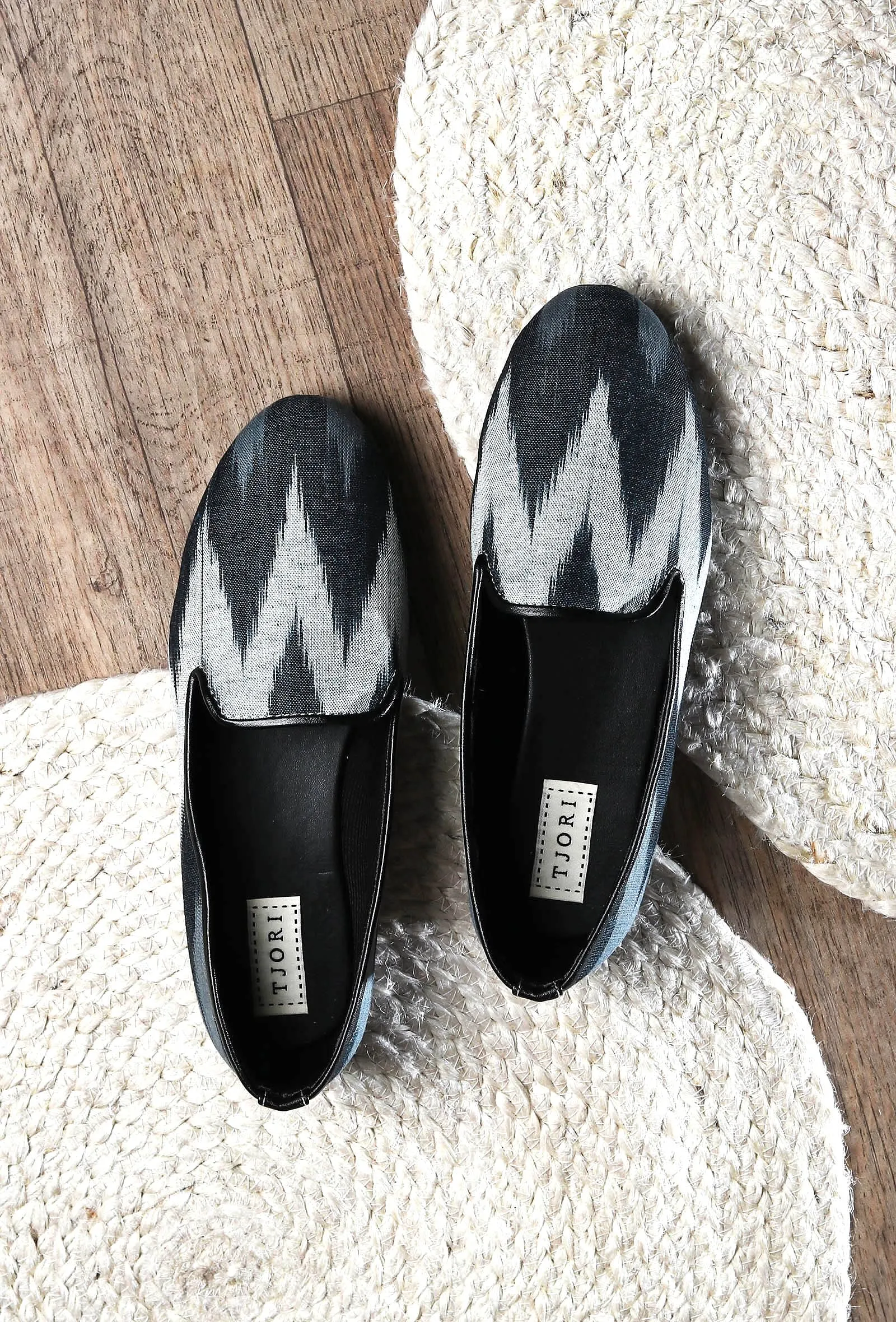 Black & Grey Ikat Print Flat Cruelty Free Leather Ballerinas