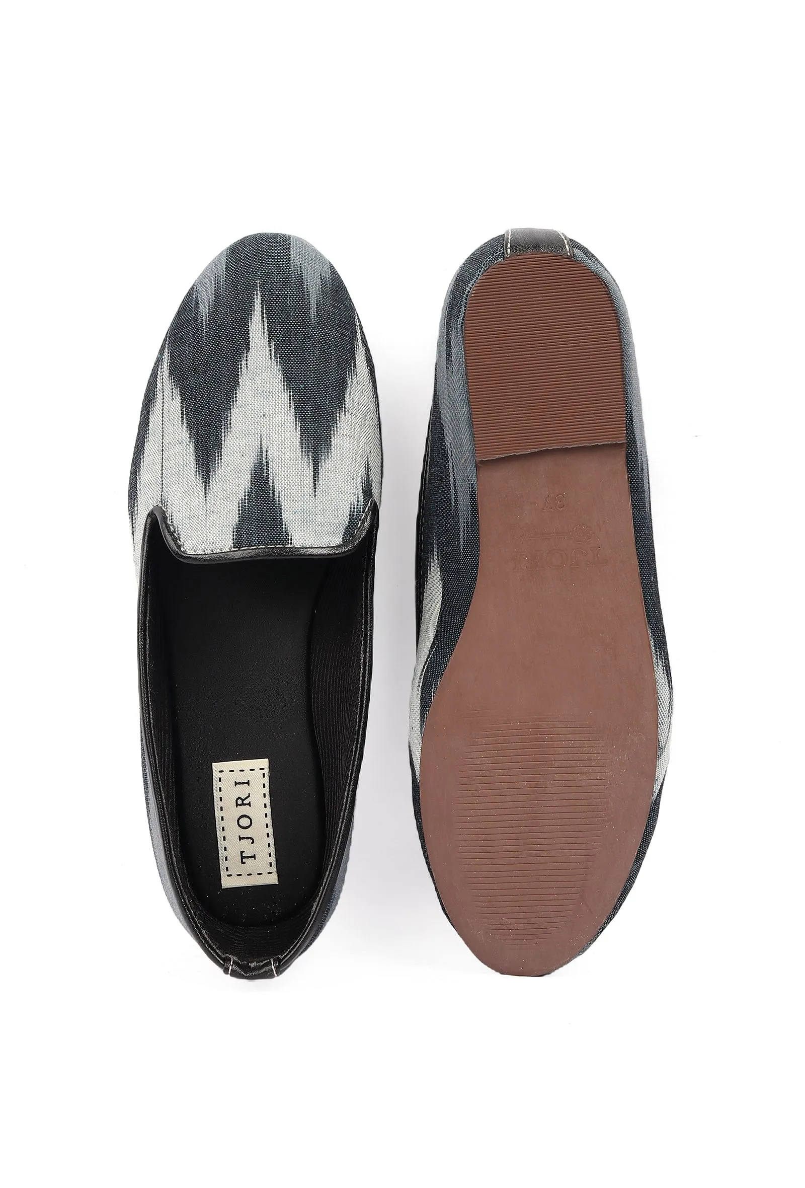 Black & Grey Ikat Print Flat Cruelty Free Leather Ballerinas