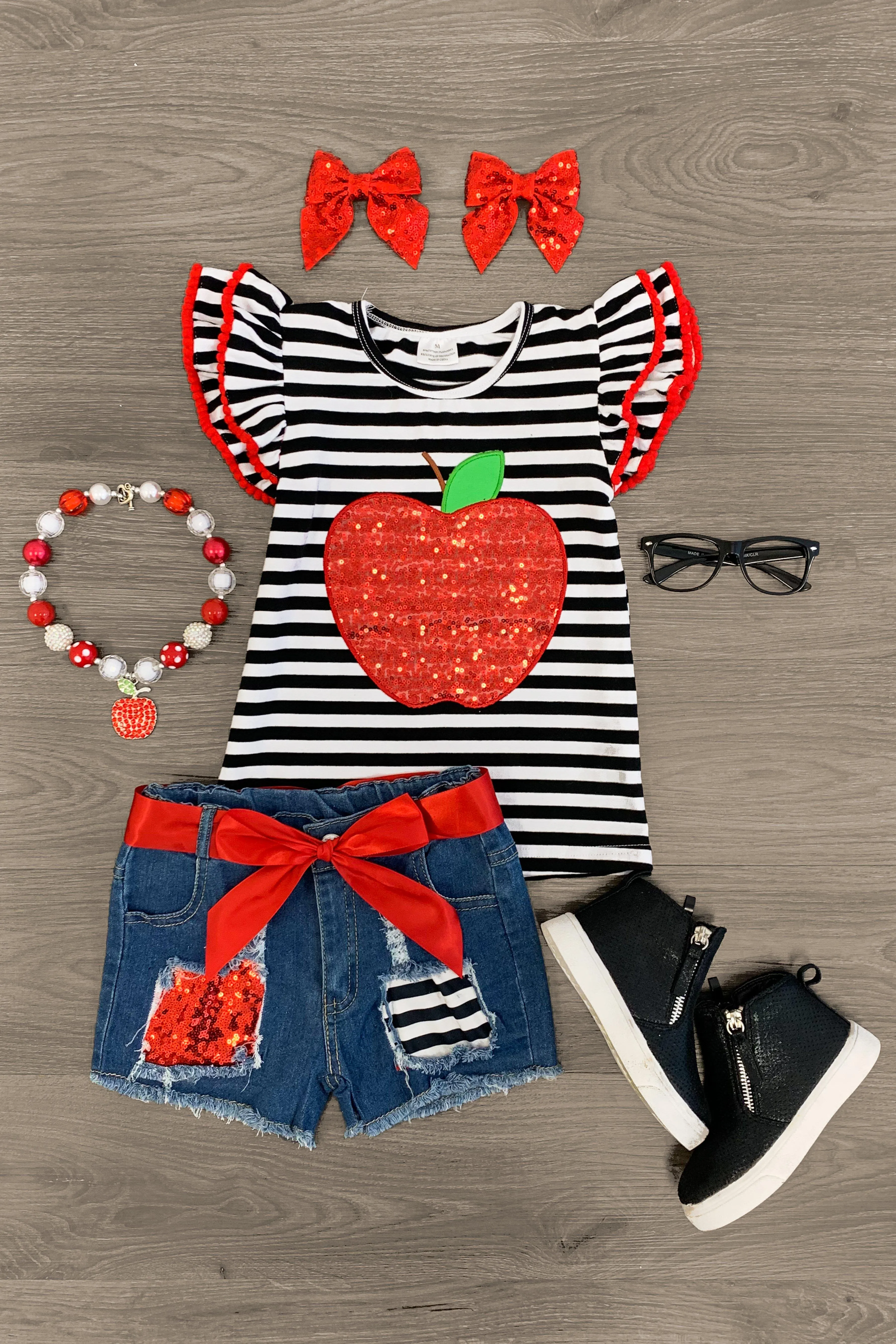 Black & White Striped Apple Denim Short Set