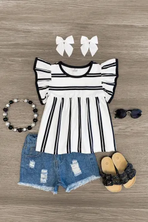 Black & White Striped Ruffle Distressed Short Set