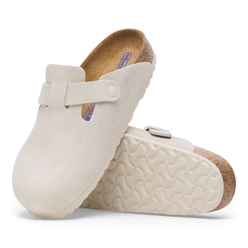 Boston Soft Fottbed in Antique White Suede Narrow Width by Birkenstock