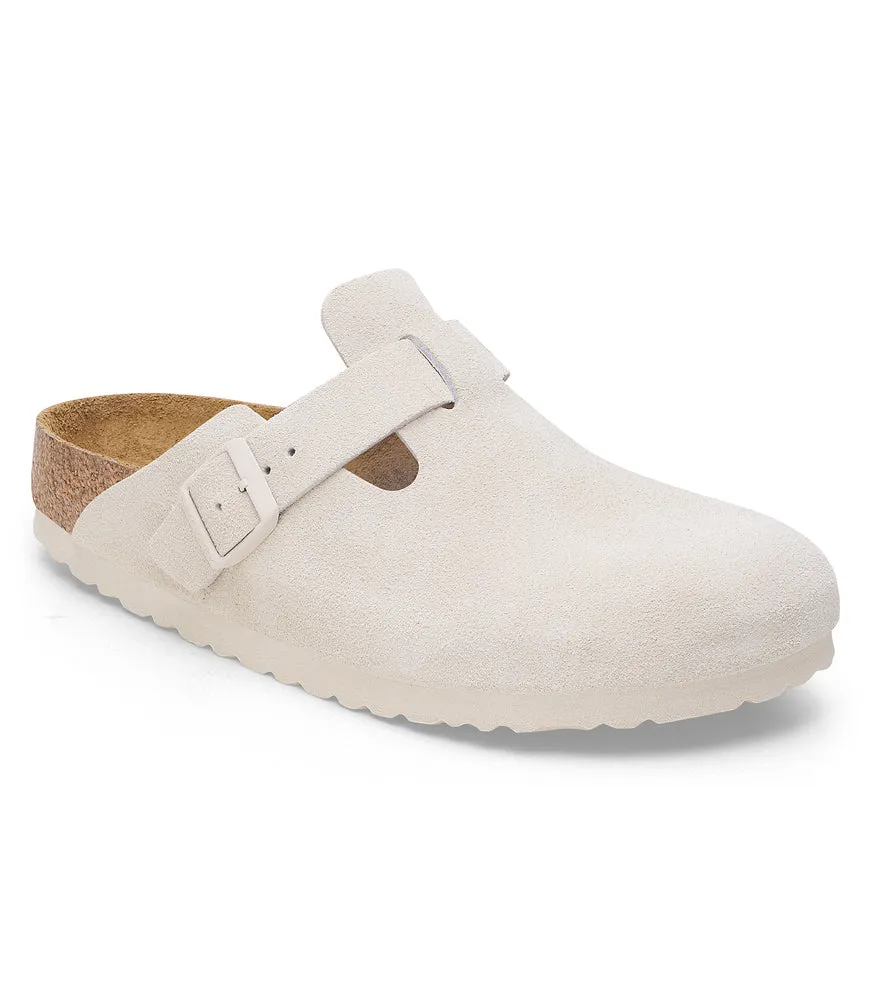 Boston Soft Fottbed in Antique White Suede Narrow Width by Birkenstock