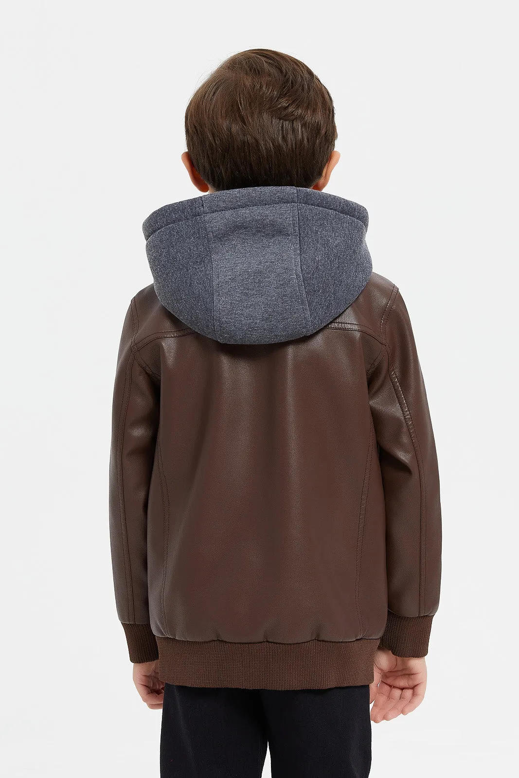 Boys Brown Hooded Biker Jacket