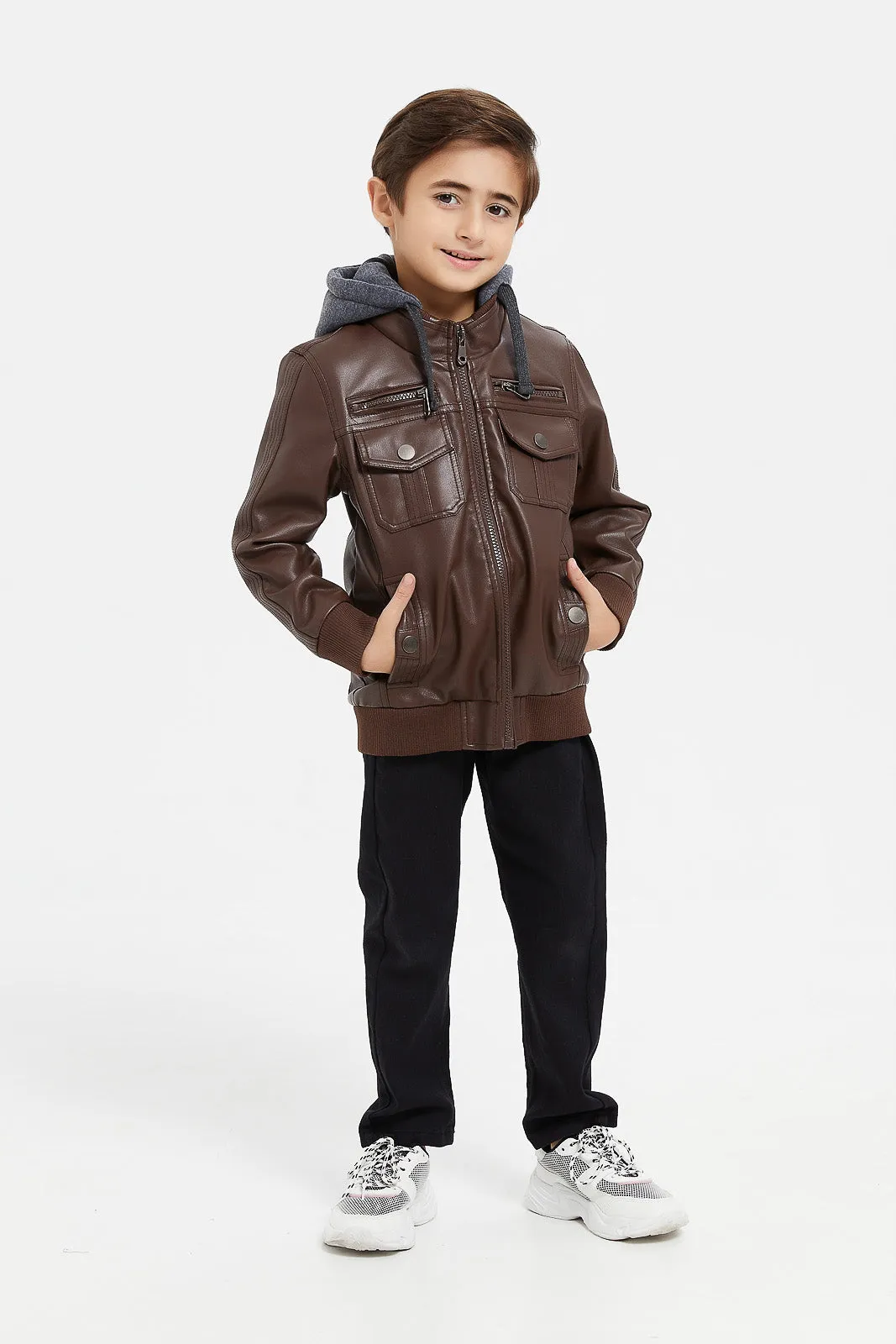 Boys Brown Hooded Biker Jacket