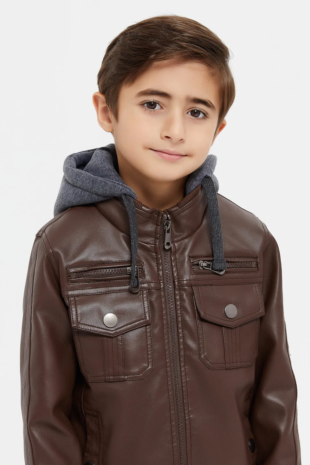 Boys Brown Hooded Biker Jacket