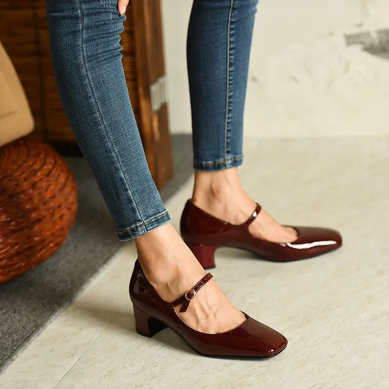 Burgundy bright leather strap square toe shoes