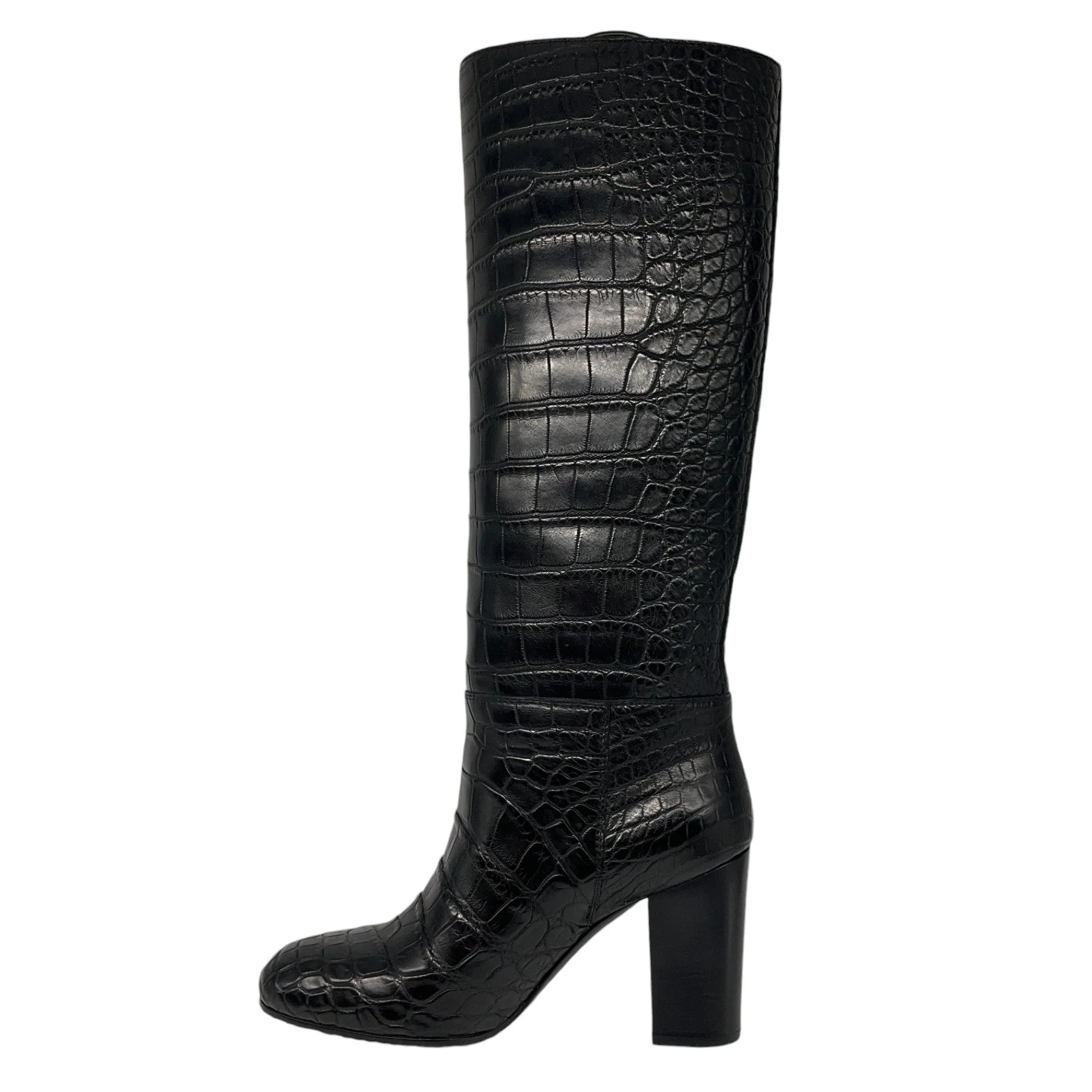 Chanel Black Alligator Patent Leather Knee High Boots