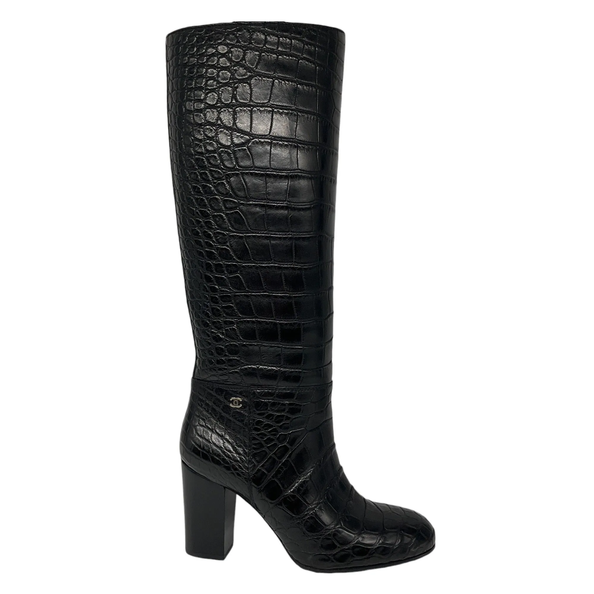 Chanel Black Alligator Patent Leather Knee High Boots