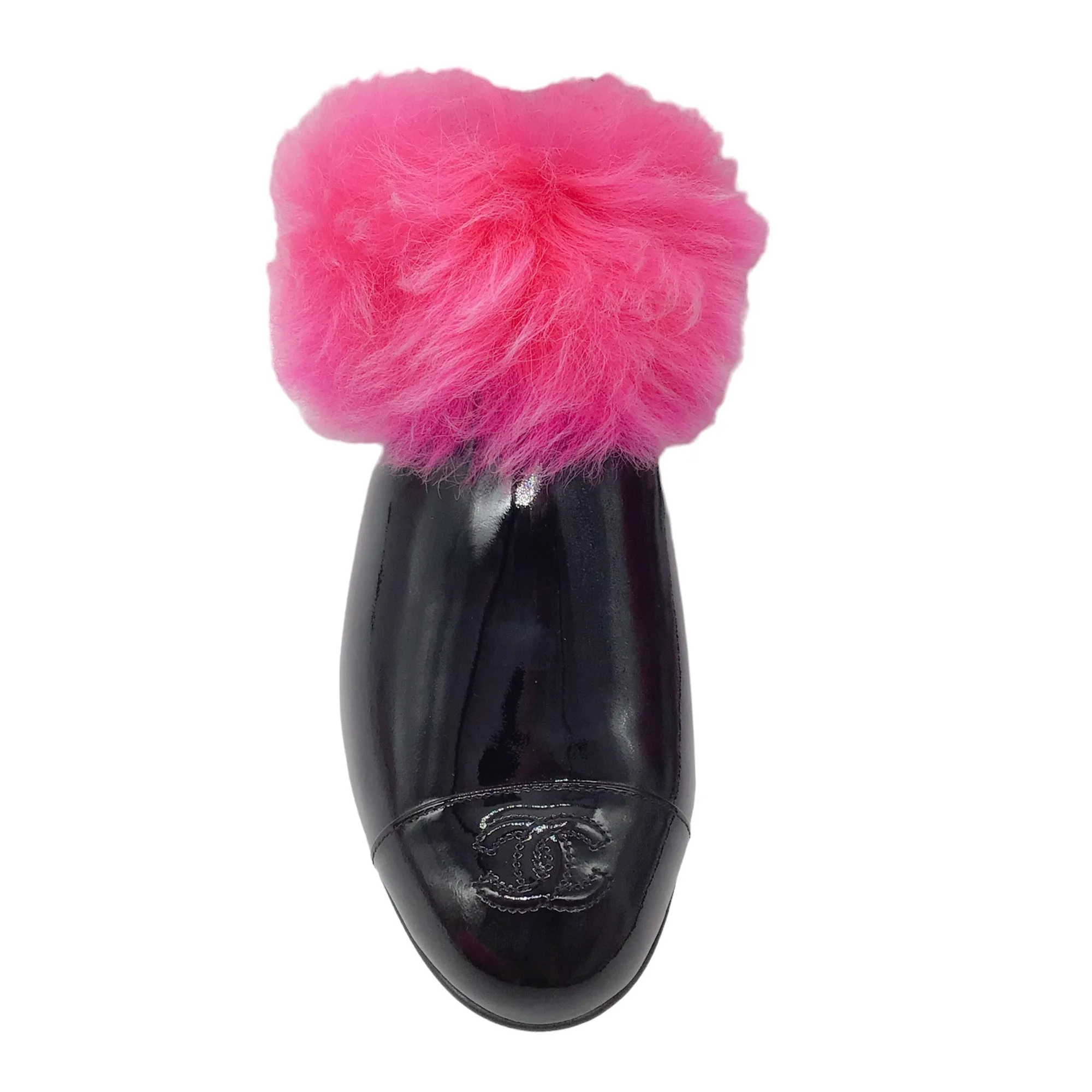 Chanel Black / Hot Pink Shearling Trimmed CC Logo Cap Toe Patent Leather Short Boots