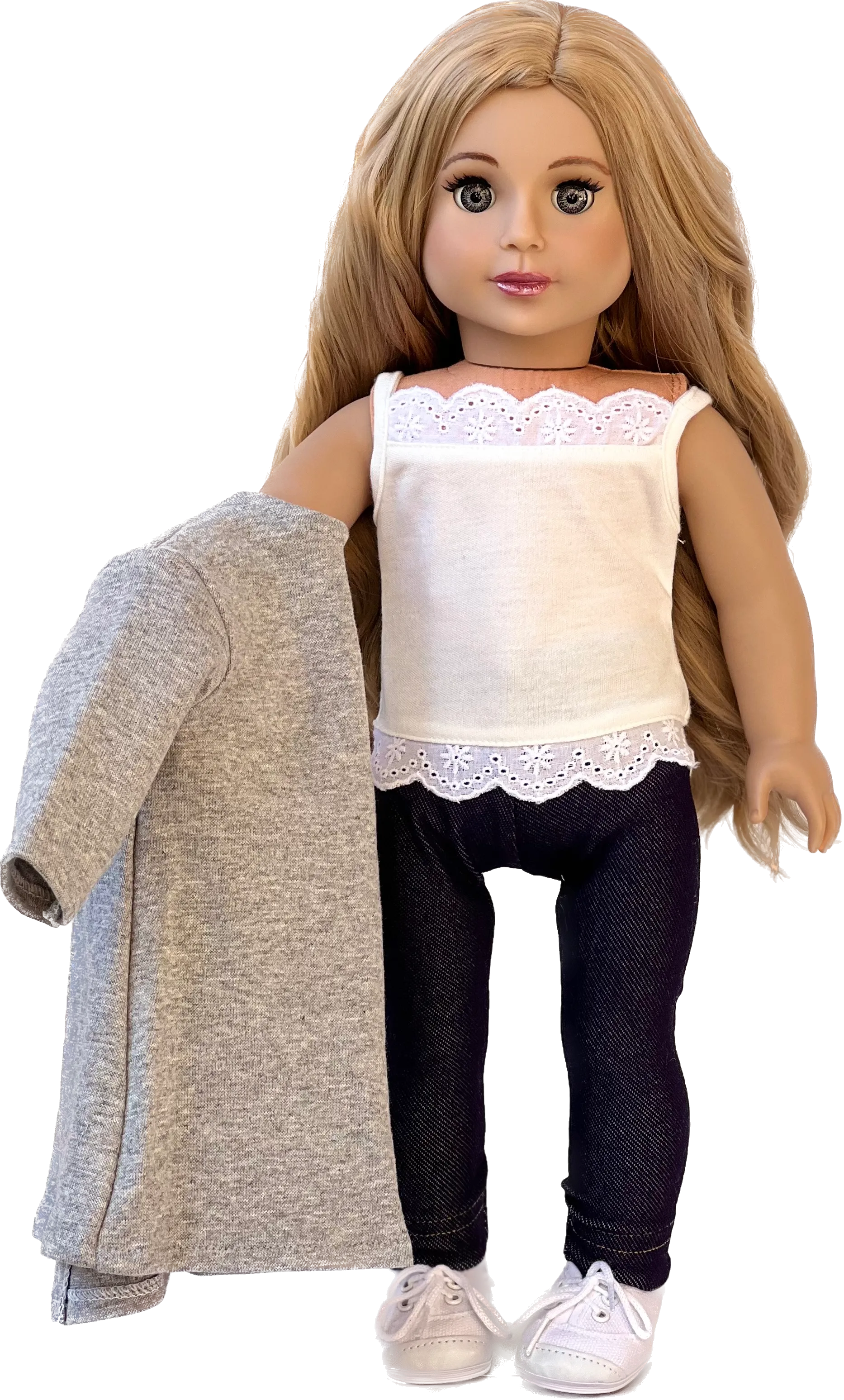 Comfy Chic - 4 Piece Outfit for 18 Inch Doll - White Tank Top, Leggings, Gray Long Sweater and White Sneakers - 18 Inch Doll Clothes ( Doll Not Included)