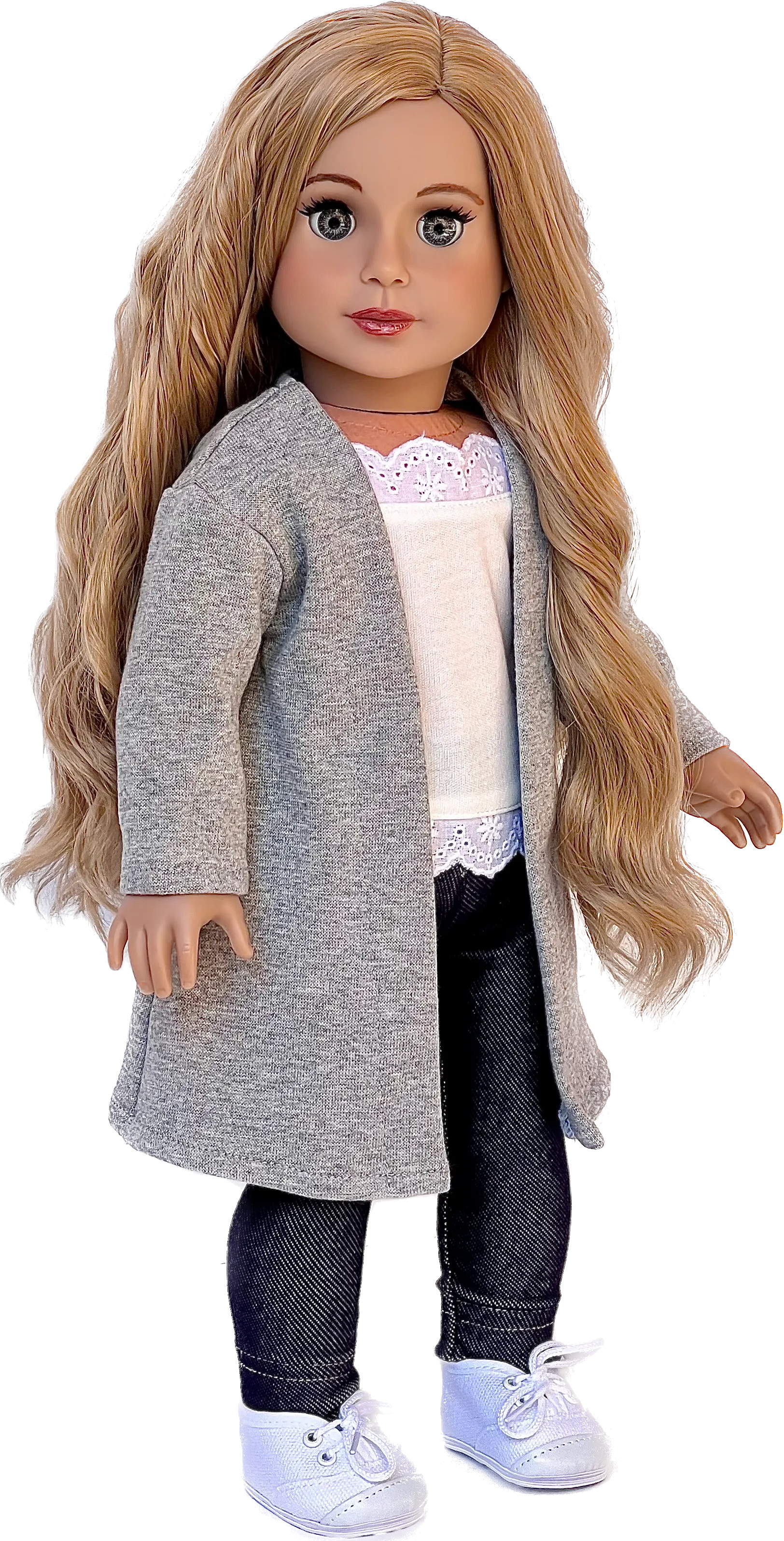 Comfy Chic - 4 Piece Outfit for 18 Inch Doll - White Tank Top, Leggings, Gray Long Sweater and White Sneakers - 18 Inch Doll Clothes ( Doll Not Included)