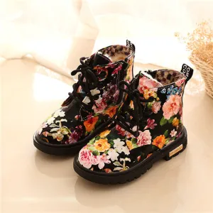 Comfy Kids Floral Martin Elegant Flower Print PU Leather Shoes Rubber Boots For Girls