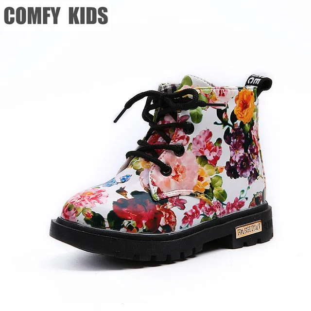 Comfy Kids Floral Martin Elegant Flower Print PU Leather Shoes Rubber Boots For Girls