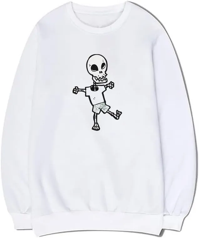 CORIRESHA Halloween Skull Crew Neck Long Sleeve Y2k Gothic Funny Pullover Sweatshirt