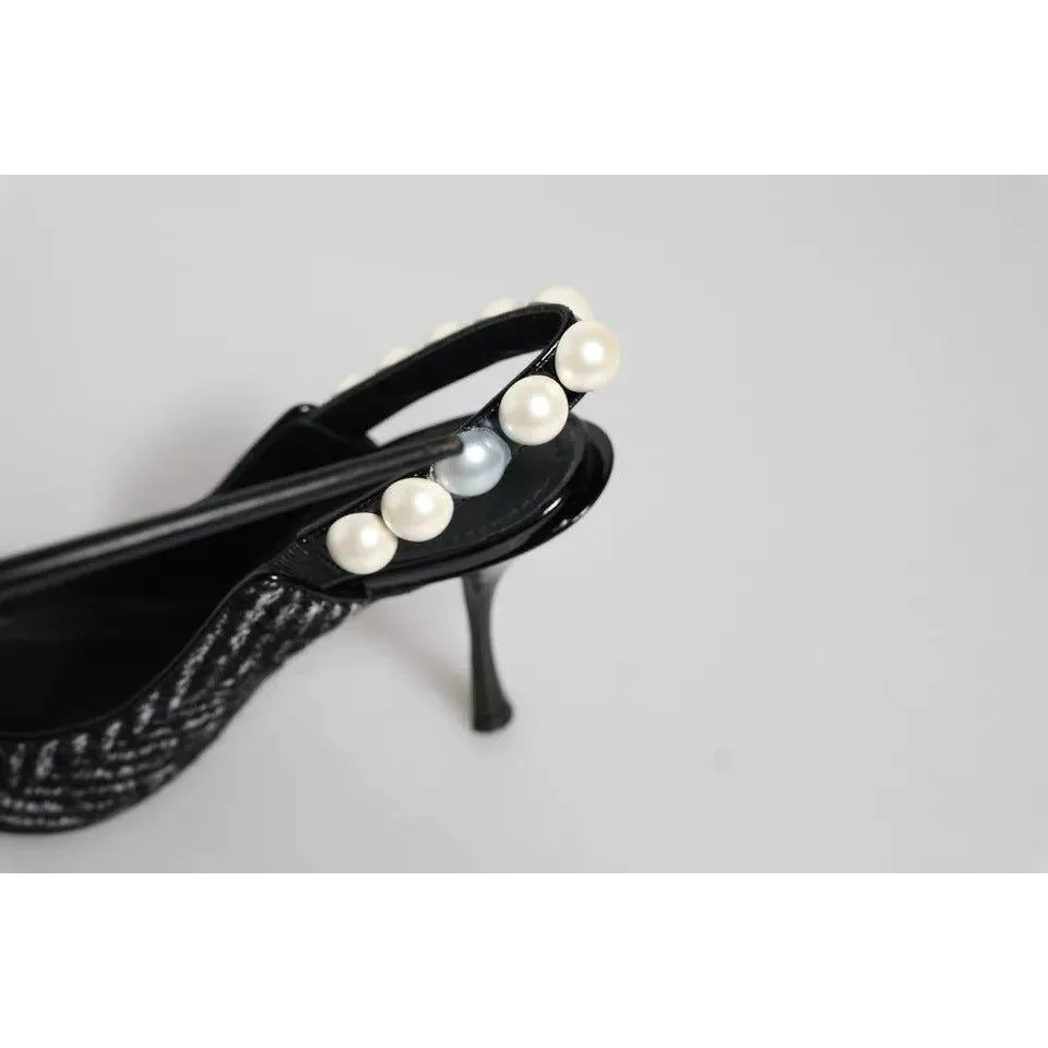 Dolce & Gabbana White Black Chevron Faux Pearl Slingback Shoes