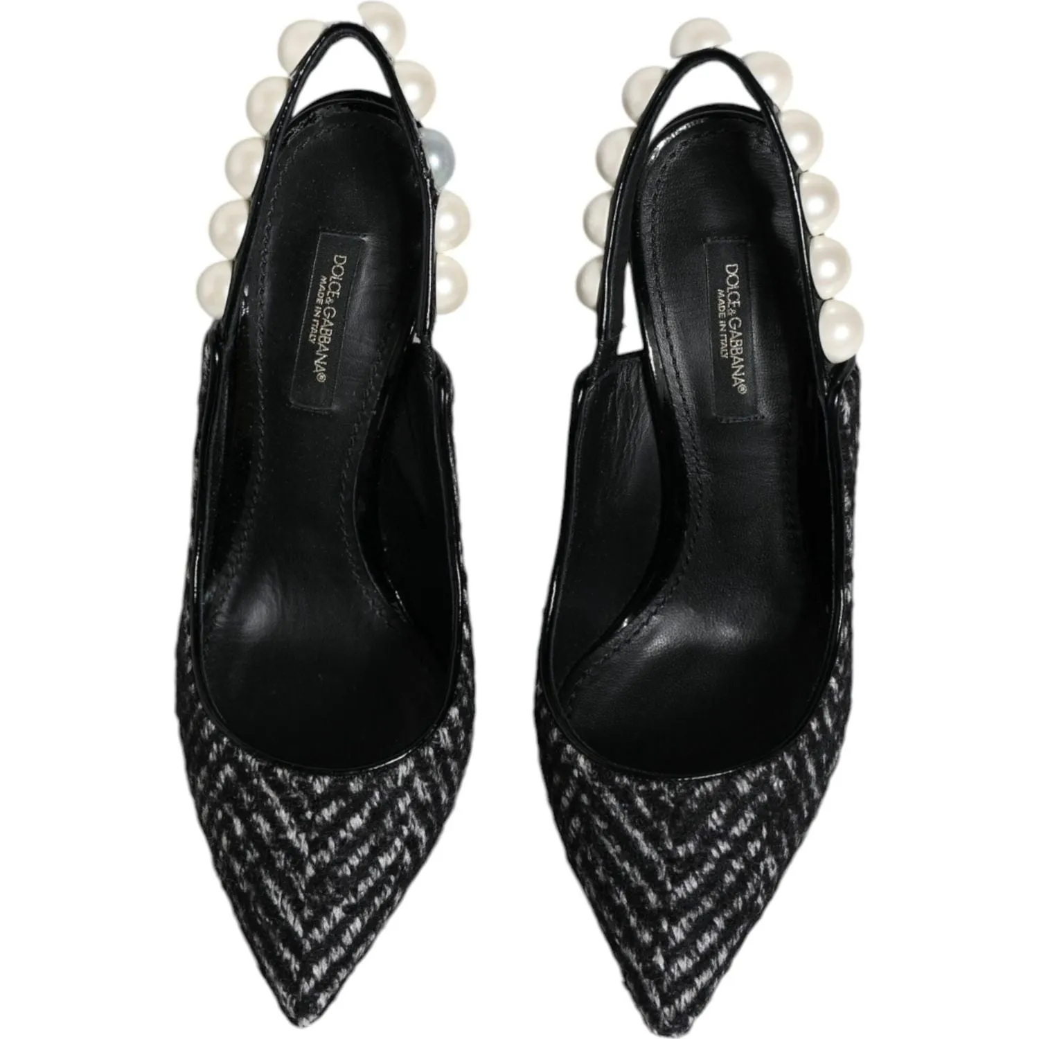 Dolce & Gabbana White Black Chevron Faux Pearl Slingback Shoes