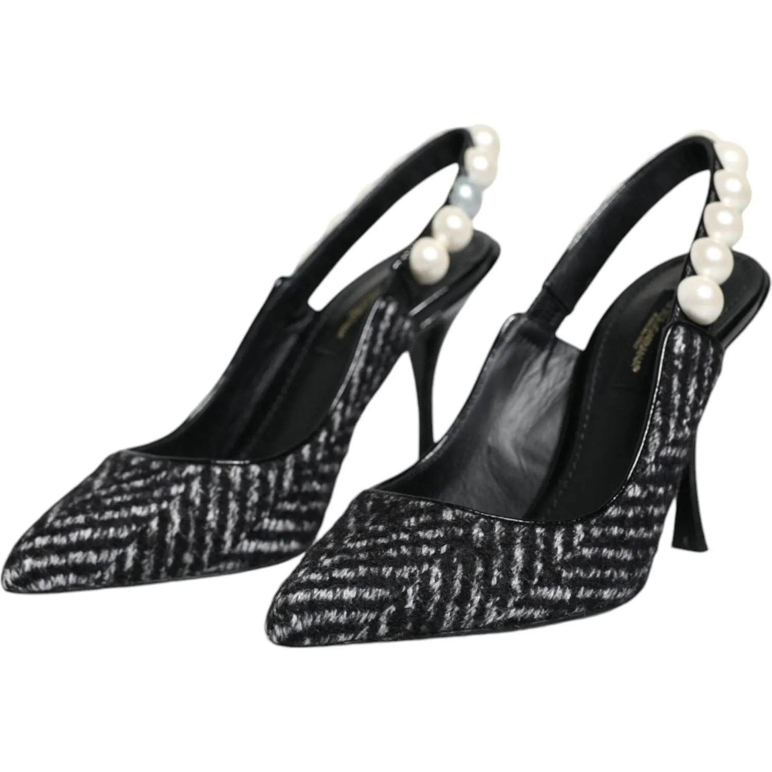 Dolce & Gabbana White Black Chevron Faux Pearl Slingback Shoes