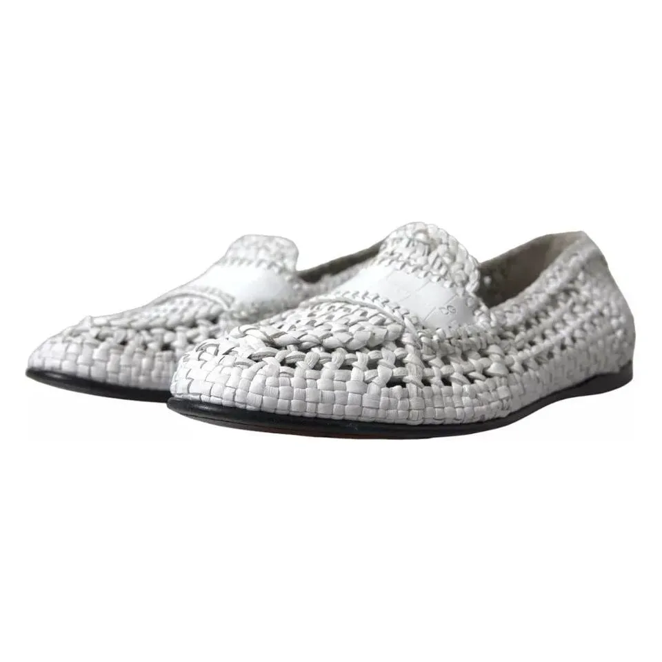 Dolce & Gabbana White Woven Leather Men Slip On Loafers Shoes