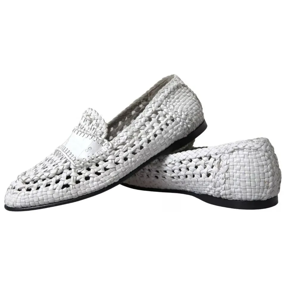 Dolce & Gabbana White Woven Leather Men Slip On Loafers Shoes