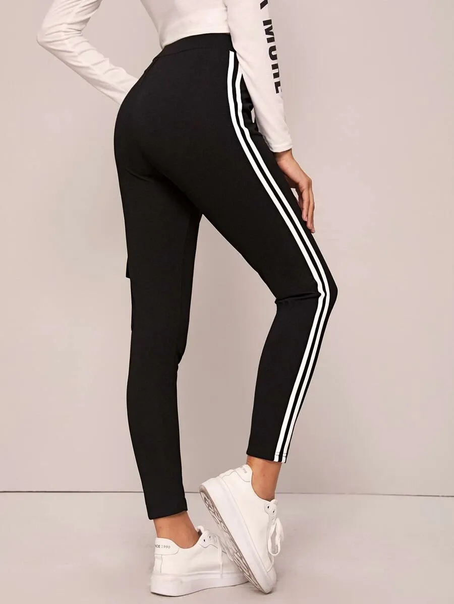 Drawstring Waist Striped Side Flap Pocket Pants