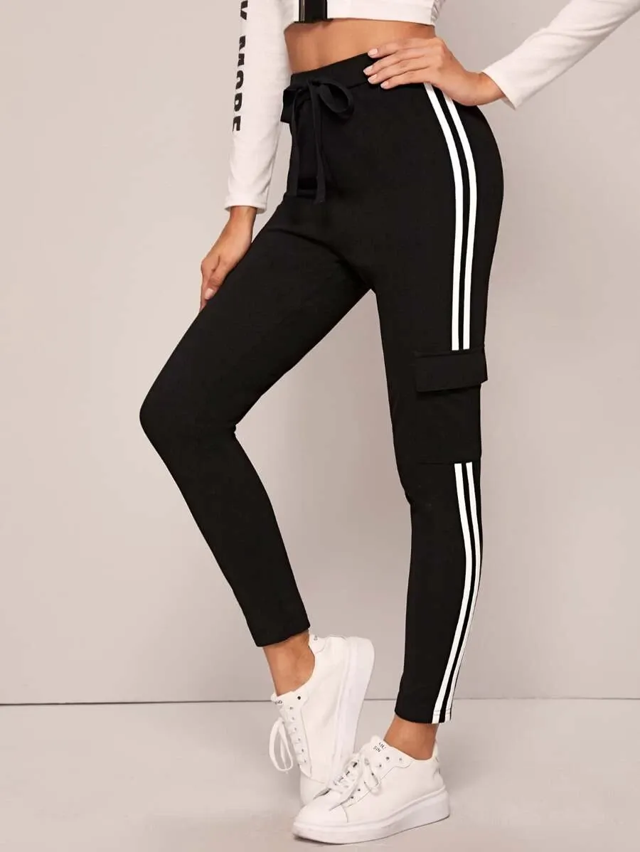 Drawstring Waist Striped Side Flap Pocket Pants