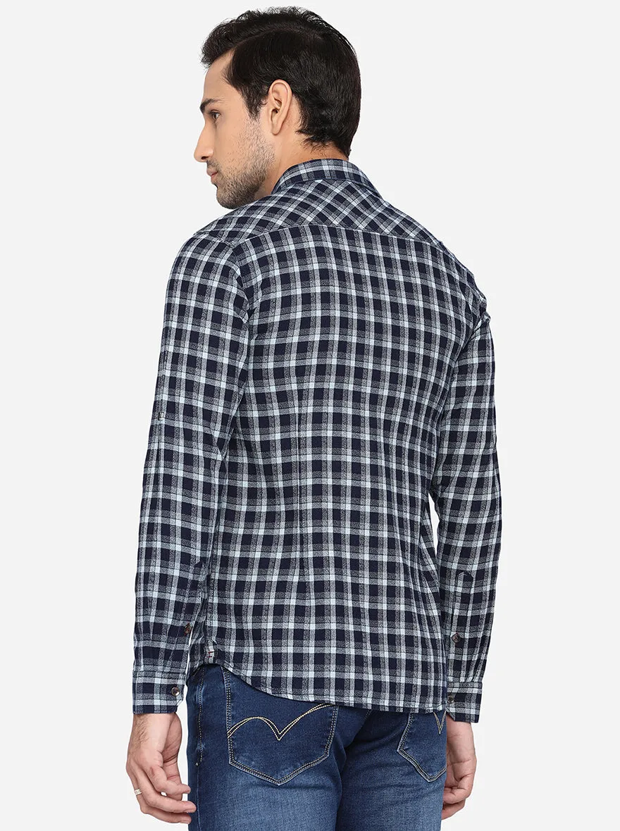 Eclipse Blue Checked Slim Fit Semi Casual Shirt | JadeBlue