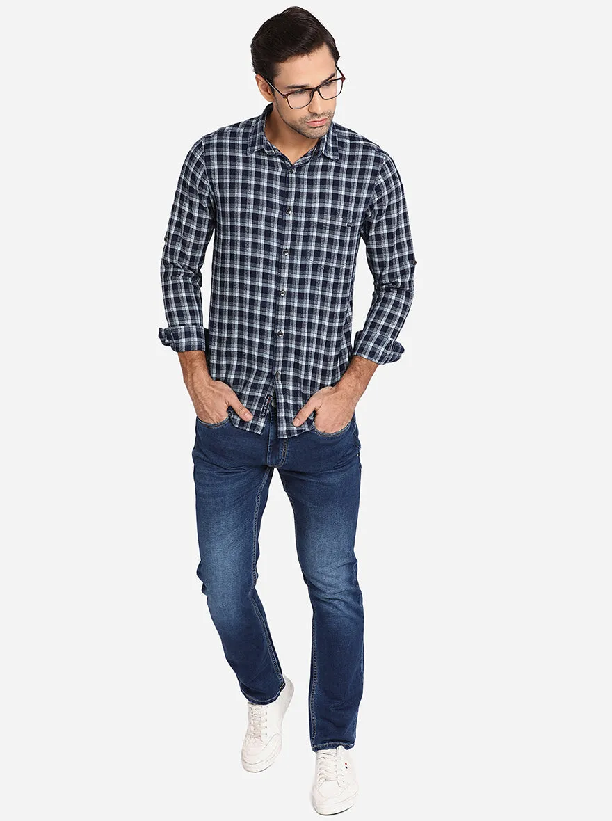 Eclipse Blue Checked Slim Fit Semi Casual Shirt | JadeBlue