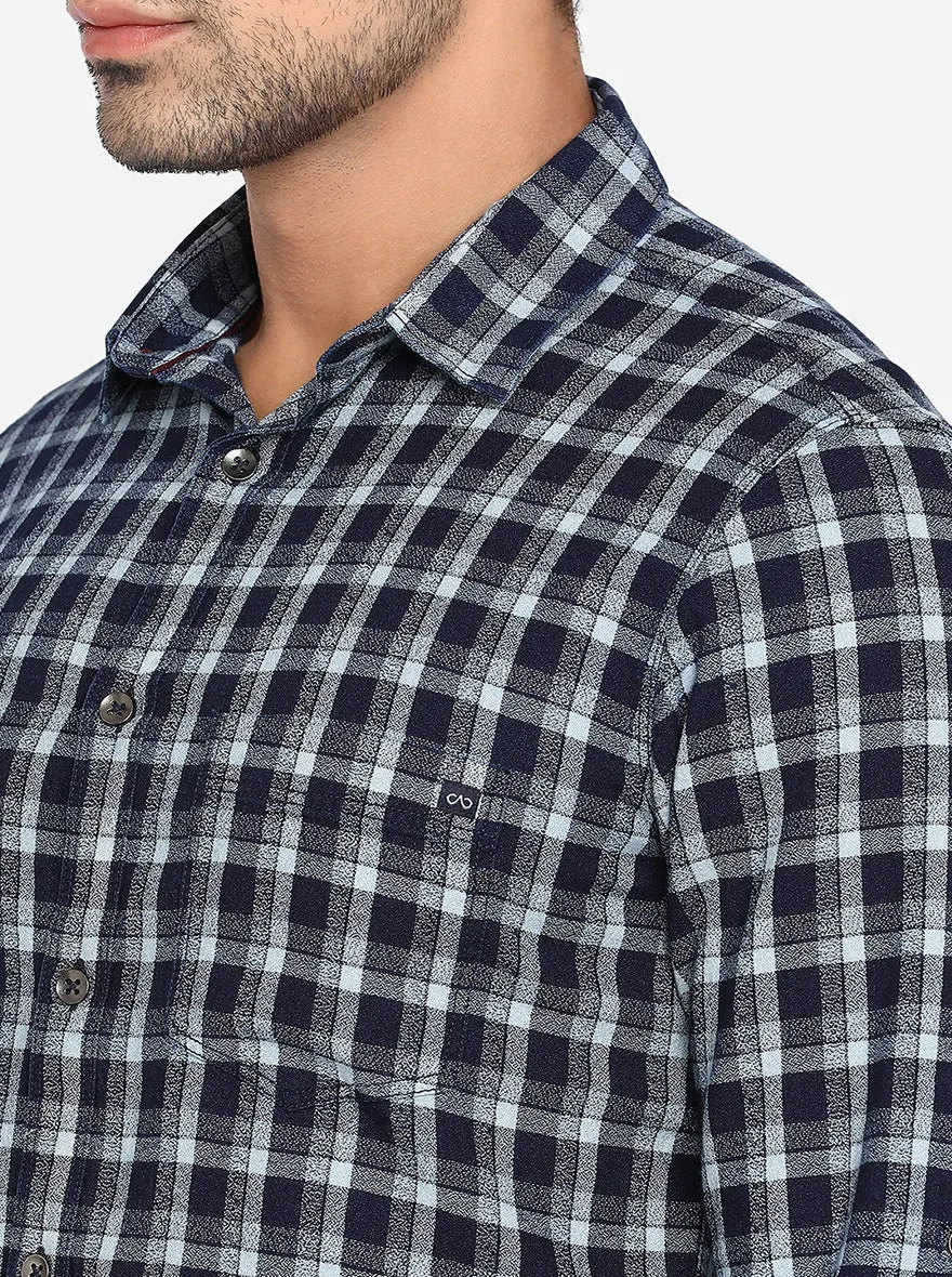 Eclipse Blue Checked Slim Fit Semi Casual Shirt | JadeBlue