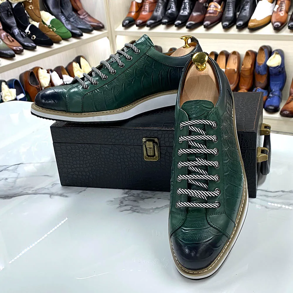 Emerald Crocodile Print Lace Sneakers