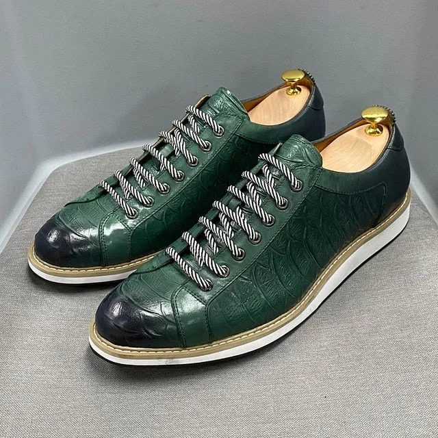 Emerald Crocodile Print Lace Sneakers