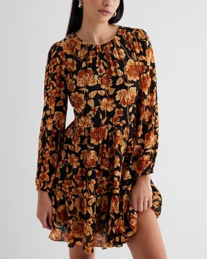 Floral Crew Neck Long Sleeve Mini Shift Dress in Black Print