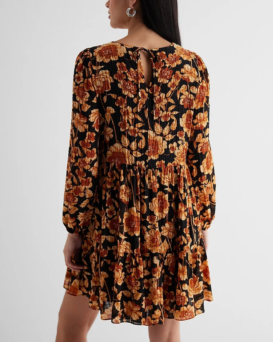 Floral Crew Neck Long Sleeve Mini Shift Dress in Black Print