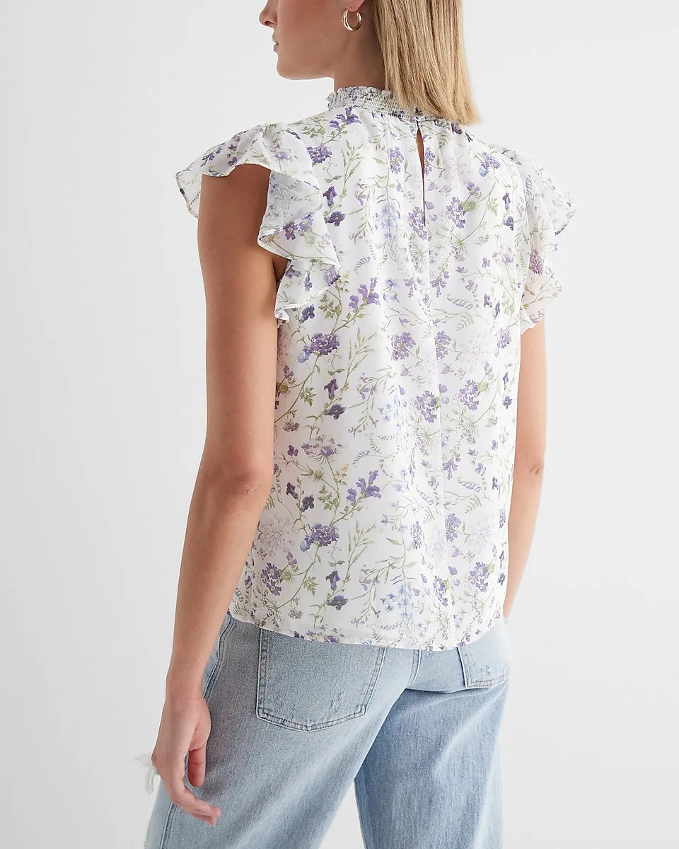 Floral Mock Neck Flutter Sleeve Gramercy Tee in Purple Print