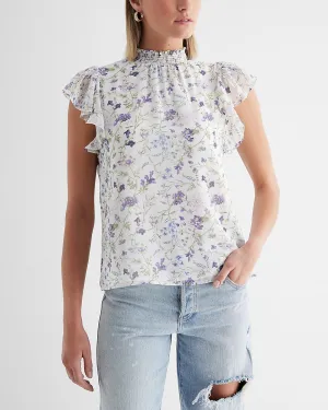 Floral Mock Neck Flutter Sleeve Gramercy Tee in Purple Print