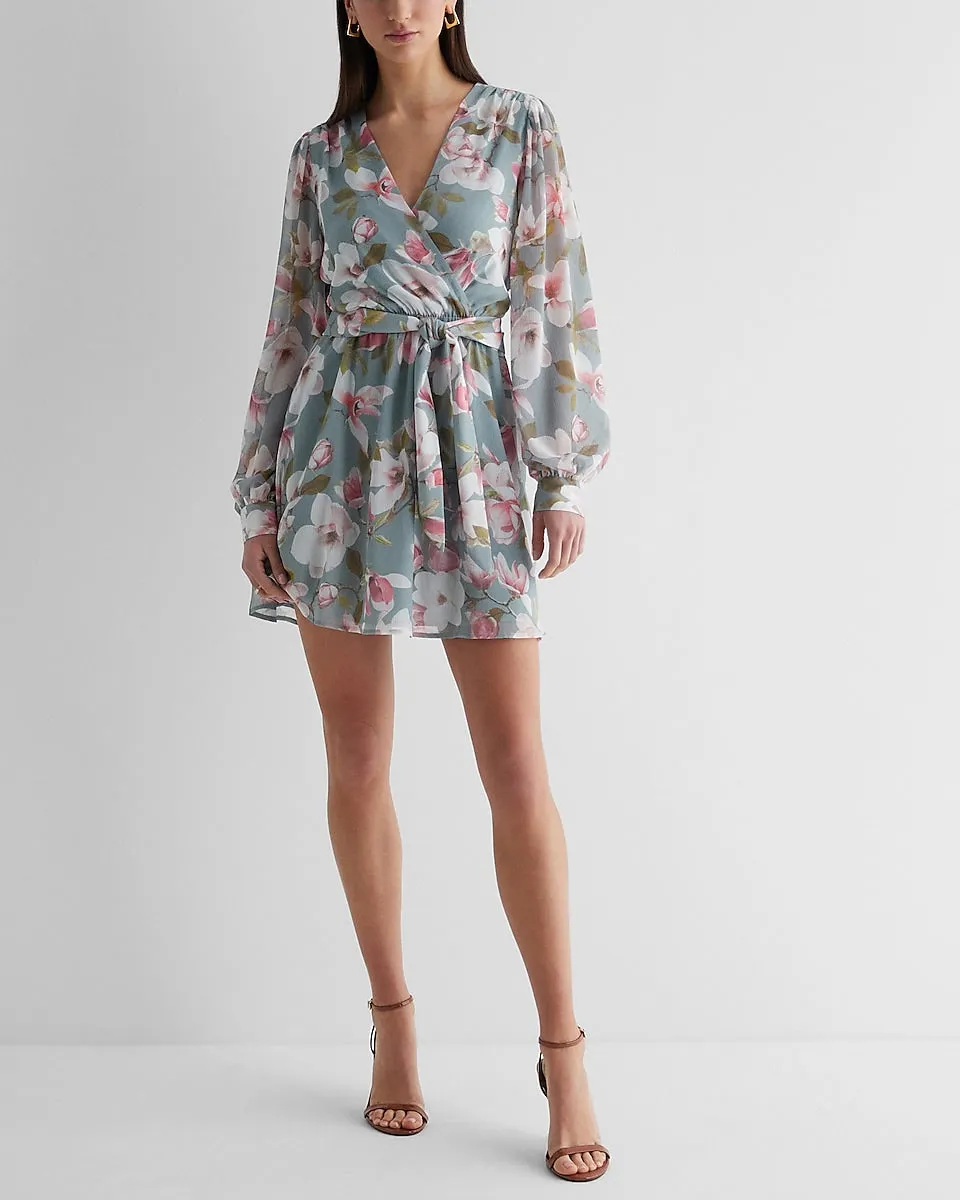 Floral Print Long Sleeve Tie Waist Mini Dress in Blue Print