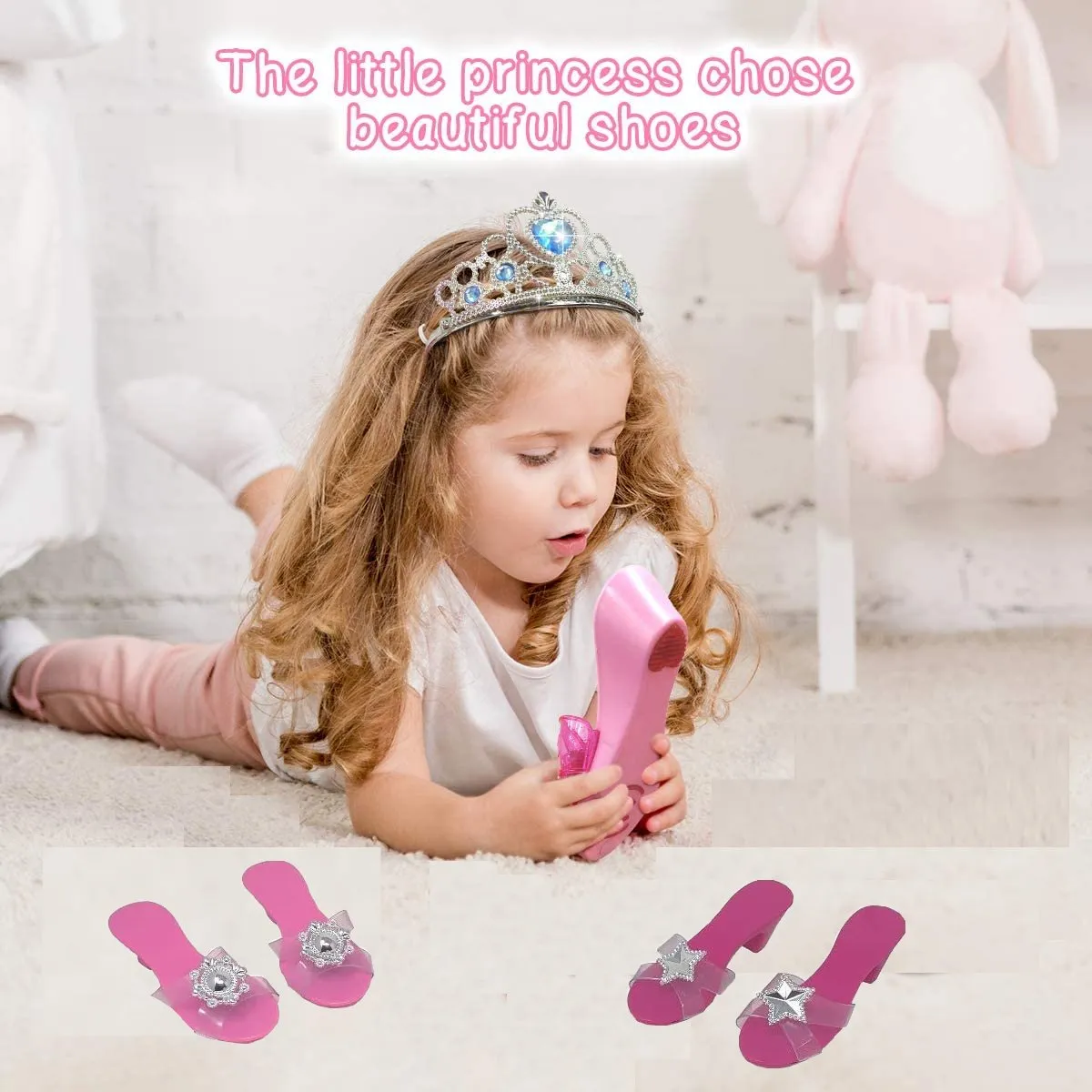 Girls Princess Dress Up Shoes and Jewelry Boutique, Princess Role Play Shoes Collection Set with 4 Pairs of Shoes and 2 Tiaras for Little Girl Aged 3 