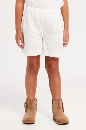 Girls White Floral Embossed Shorts