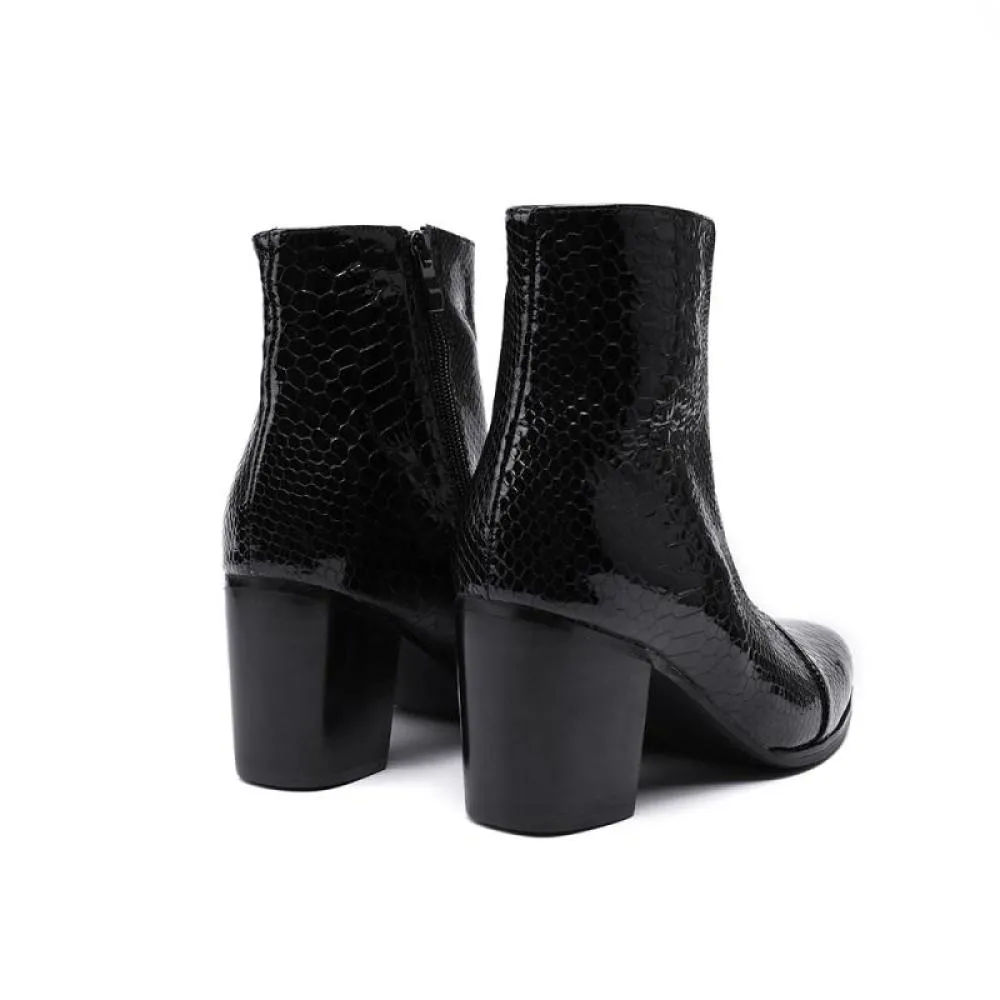 Glossy Serpent Pointed Captoe Elevator Ankle Boots