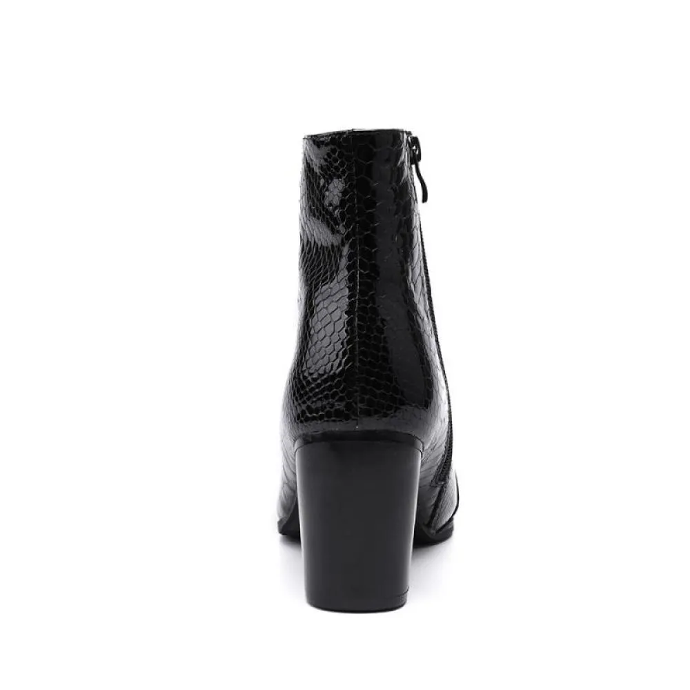 Glossy Serpent Pointed Captoe Elevator Ankle Boots